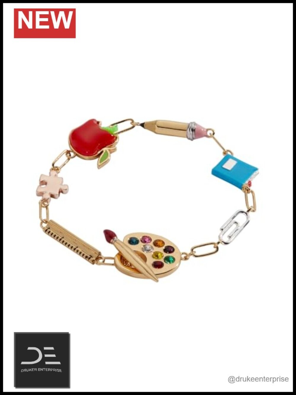 School-Themed Charm Bracelet with Enamel & Resin Charms Gold Plated Brass